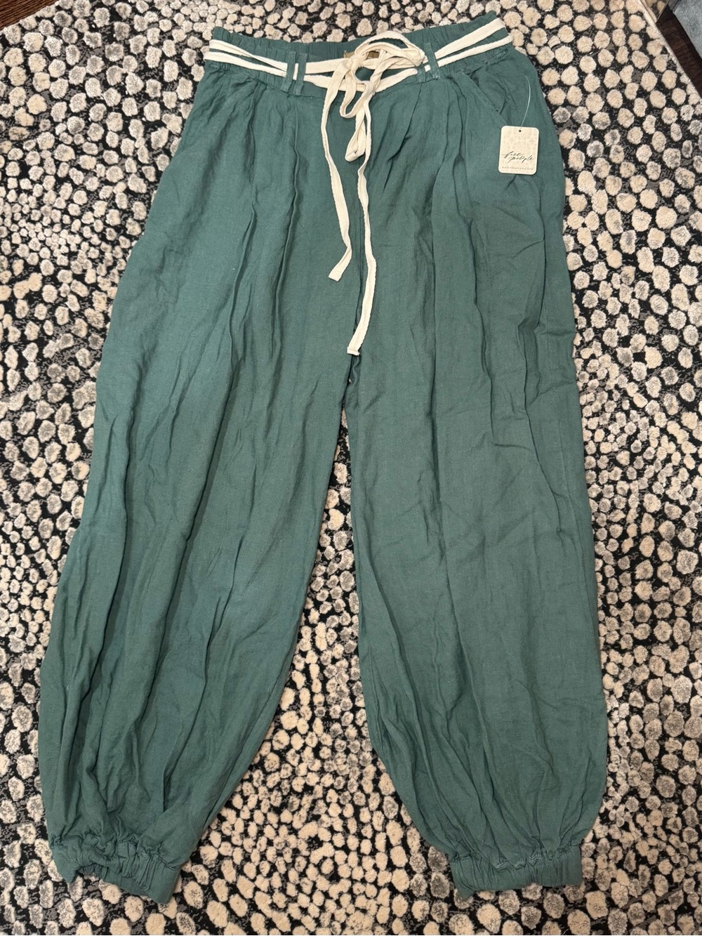 Free People Sagebrush Green Drawstring Jogger Pants with Cream Accents